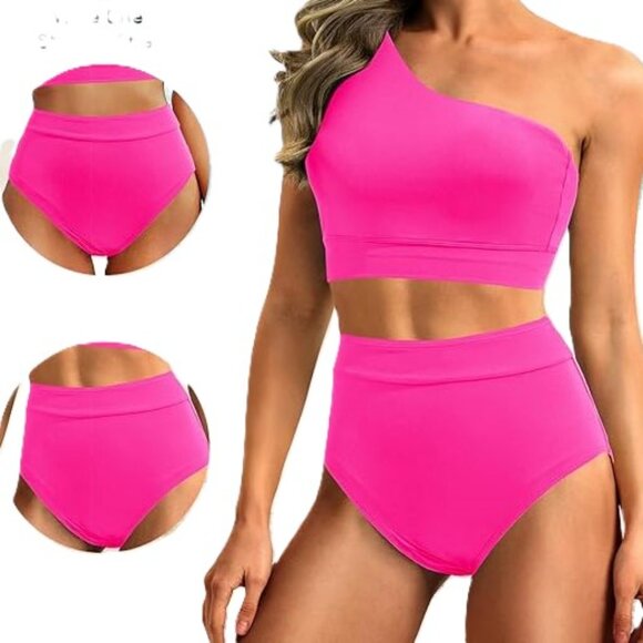 HOT PINK One Shoulder High Waisted Bikini 2 Piece Tummy Control NEW Womens Small - Picture 4 of 11